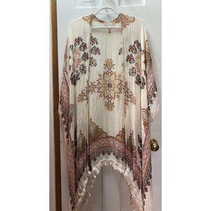 PAPARAZZI Ivory Multicolor Geometric Open-Front Kaftan Fringe Tassel